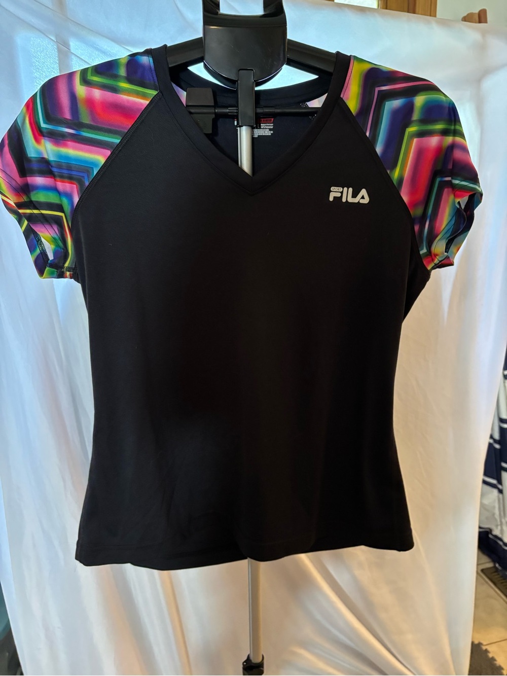 FILA Black V-Neck Tee with Multicolor Geometric Raglan Sleeves